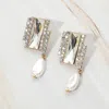 Fashnzfab Rectangle Stone Accented Teardrop Freshwater Pearl Link Dangle Evening Earrings In Gold