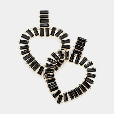Fashnzfab Rectangle Stone Cluster Open Heart Dangle Earrings - Gold, Jet Black