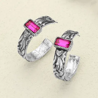 Fashnzfab Rectangle Stone Pointed Antique Metal Western Hoop Earrings In Metallic