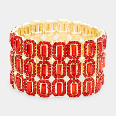 Fashnzfab Rectangular Crystal Rhinestone Pave Stretch Evening Bracelet In Red
