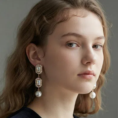Fashnzfab Rectangular Cz Frame Pearl Link Drop Earrings In Multi