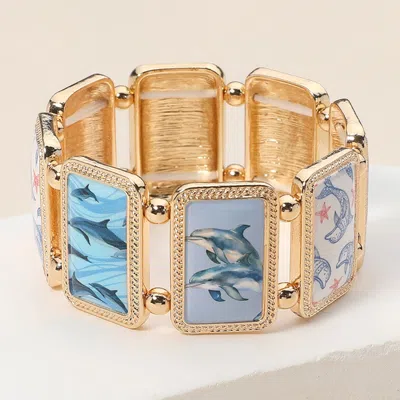 Fashnzfab Rectangular Dolphin Epoxy Cluster Link Stretch Bracelet Gold, Multi