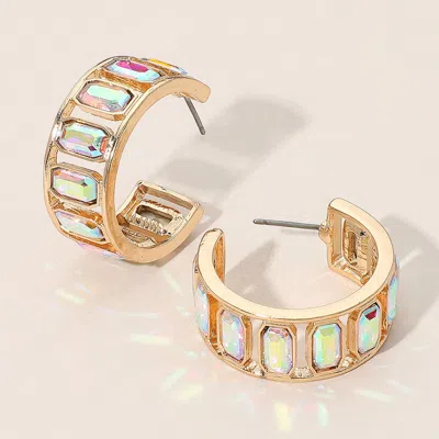 Fashnzfab Rectangular Faceted Stone Around Hoop Earrings - Ab, Gold