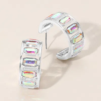 Fashnzfab Rectangular Faceted Stone Around Hoop Earrings - Ab, Silver In Multi