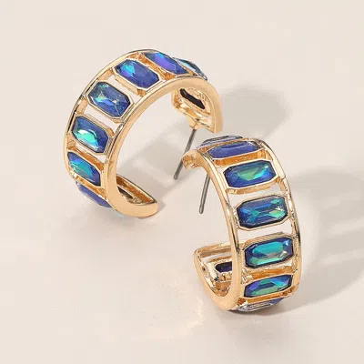 Fashnzfab Rectangular Faceted Stone Around Hoop Earrings - Blue, Dark, Gold