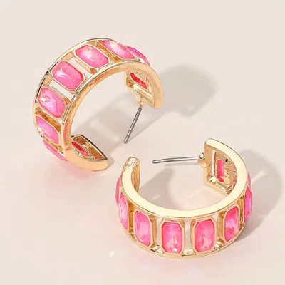 Fashnzfab Rectangular Faceted Stone Around Hoop Earrings - Gold, Neon, Pink
