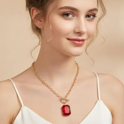 Fashnzfab Rectangular Faceted Stone Pendant Toggle Necklace In Red