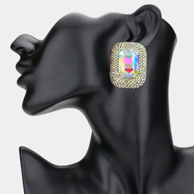 Fashnzfab Rectangular Glass Stone Pointed Evening Earrings - Ab, Rhodium In Multi