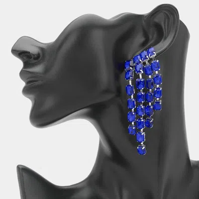 Fashnzfab Rectangular Stone Cluster Drop Chandelier Statement Evening Earrings - Royal Blue