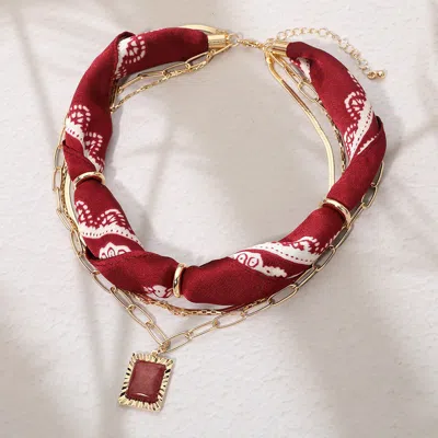 Fashnzfab Rectangular Stone Pendant Accent Layered Fabric Scarf Necklace In Multi