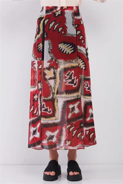Fashnzfab Red & Multi Vintage Graphic Print High-waisted Two Front Slits Maxi Skirt