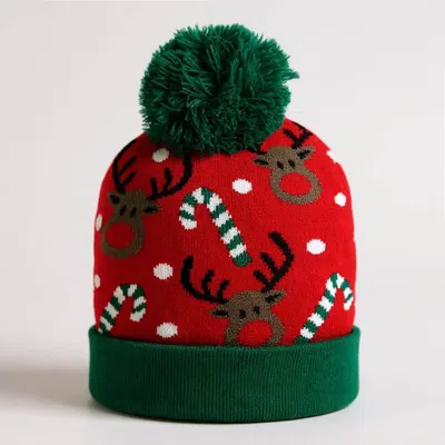 Fashnzfab Reindeer Candy Cane Pattern Pom Pom Winter Beanie Hat In Multi