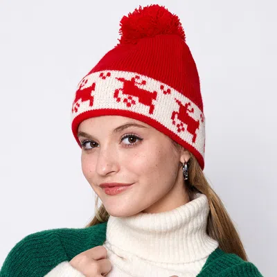 Fashnzfab Reindeer Holiday Pom Pom Beanie Hat In Red