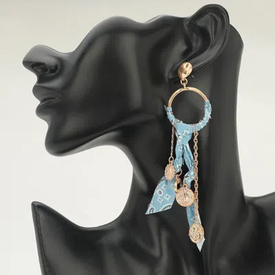 Fashnzfab Religious Medal Drop Fabric Knot Statement Earrings - Light Blue