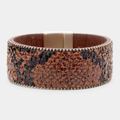 Fashnzfab Reptile Faux Leather Magnetic Bracelet Brown, Matte Gold