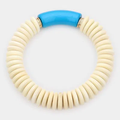Fashnzfab Resin Accented Wood Stretch Bracelet Ivory In Blue