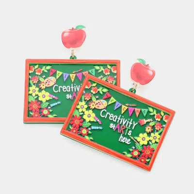 Fashnzfab Resin Apple Creativity Starts Here Message Floral Chalkboard Link Dangle Earrings In Multi