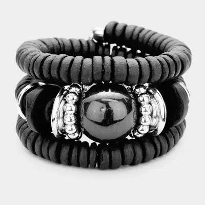 Fashnzfab Resin Ball Accented Wood Beaded Adjustable Bracelet Jet Black