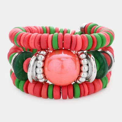 Fashnzfab Resin Ball Accented Wood Beaded Adjustable Bracelet Pink & Green