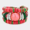 Fashnzfab Resin Ball Accented Wood Beaded Adjustable Bracelet Pink & Green In Pink
