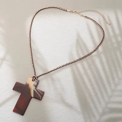 Fashnzfab Resin Cross Pendant Cord Necklace In Brown