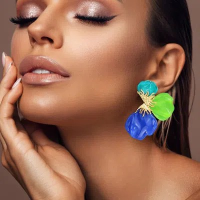 Fashnzfab Resin Half Flower Petal Earrings - Blue, Gold, Multi In Black