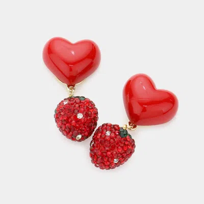 Fashnzfab Resin Heart Rhinestone Embellished Strawberry Link Dangle Earrings In Red
