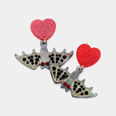Fashnzfab Resin Heart Stone Embellished Bat Link Dangle Earrings In Black
