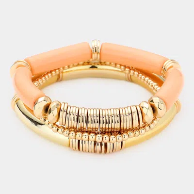 Fashnzfab Resin Heishi Beaded Stretch Multi Layered Bracelets Dust Pink In Gold