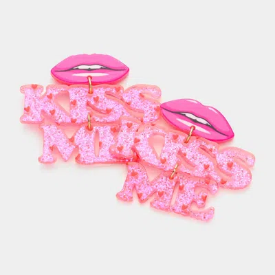 Fashnzfab Resin Lips Glittered Kiss Me Message Link Dangle Earrings - Pink