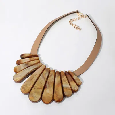 Fashnzfab Resin Long Teardrop Plate Faux Leather Statement Necklace - Neutral In Sand