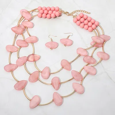 Fashnzfab Resin Pebble Curved Bar Beaded Layered Statement Necklace In Pink