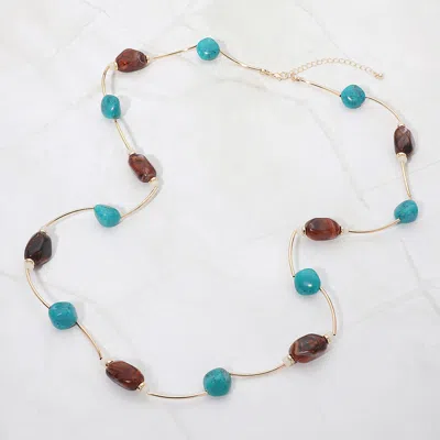 Fashnzfab Resin Pebble Curved Metal Bar Beaded Long Necklace In Multi