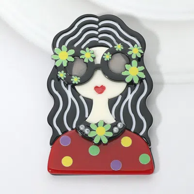 Fashnzfab Resin Retro Girl With Glasses Pin Brooch In Black