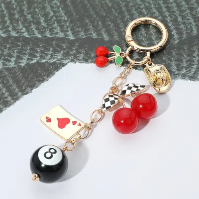 Fashnzfab Retro Cherry 8-ball Card Western Hat Charm Embellished Keychain / Bag Charm In Gold