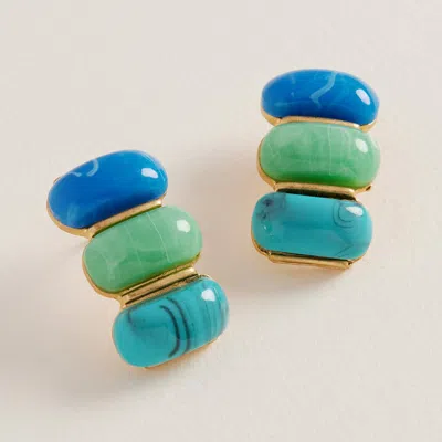 Fashnzfab Retro Chunky Marbled Resin Oval Stacked Earrings - Blue In Gold