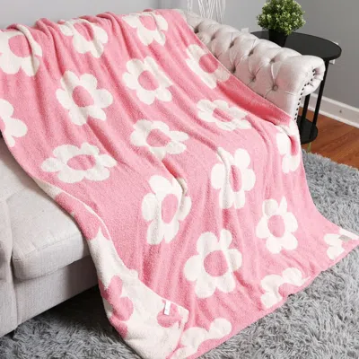 Fashnzfab Retro Daisies Reversible Throw Blanket In Pink