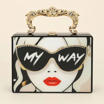 Fashnzfab Retro Pop Art Lady My Way Message Printed Box Clutch Bag / Crossbody Bag In Black