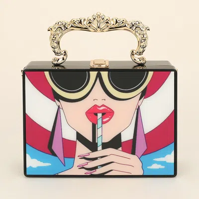 Fashnzfab Retro Pop Art Lady Printed Box Clutch Bag / Crossbody Bag In Black