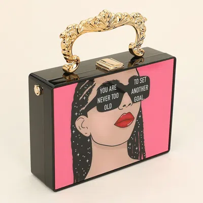 Fashnzfab Retro Pop Art Lady You Are Never Too Old To Set Another Goal Message Printed Box Clutch Bag / Crossb In Black