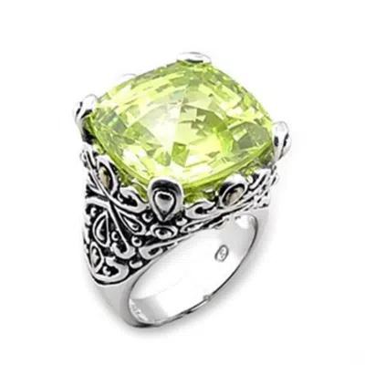 Fashnzfab Reverse Two-tone 925 Sterling Silver Ring With Aaa Grade Cz In Apple Green Color