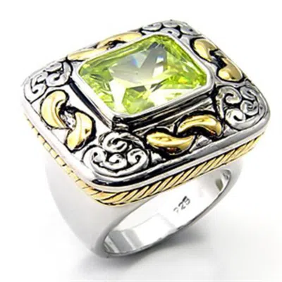 Fashnzfab Reverse Two-tone 925 Sterling Silver Ring With Aaa Grade Cz In Apple Green Color In Metallic