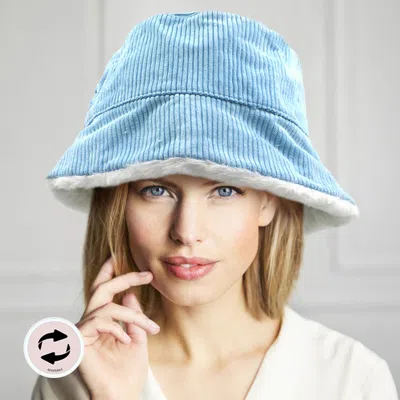 Fashnzfab Reversible Corduroy Soft Faux Fur Bucket Hat In Blue