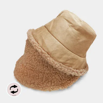 Fashnzfab Reversible Faux Fur Sherpa Bucket Hat In Beige