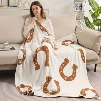 Fashnzfab Reversible Horseshoe Patterned Throw Blanket In White
