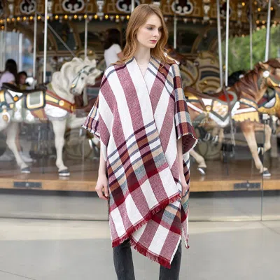 Fashnzfab Reversible Plaid Check Patterned Poncho In Red