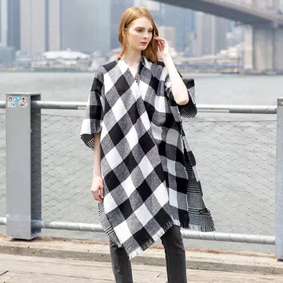 Fashnzfab Reversible Plaid Check Poncho In Black