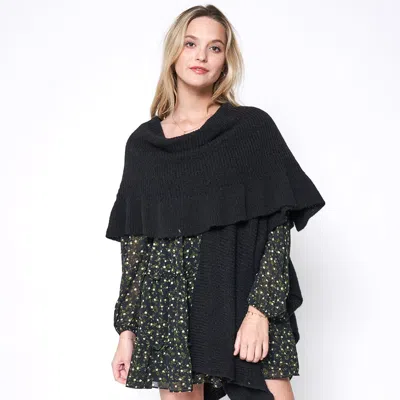 Fashnzfab Reversible Ruffle Sleeves Knit Ruana Poncho In Black