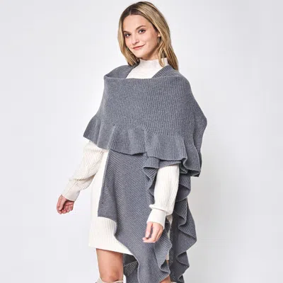 Fashnzfab Reversible Ruffle Sleeves Knit Ruana Poncho In Gray