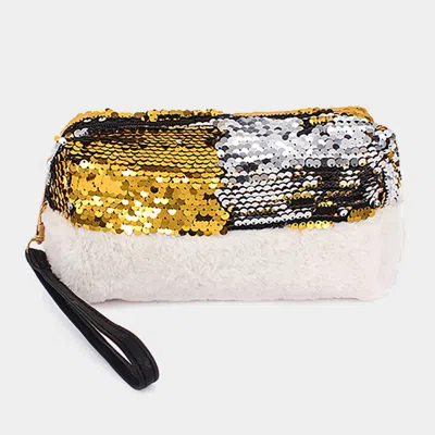 Fashnzfab Reversible Sequin Soft Fur Wristlet Pouch Bag In Gold